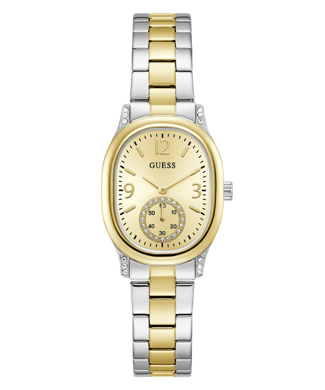 A Guess women's two-tone watch with a gold and silver stainless steel link bracelet, a gold oval case, and a gold dial featuring a sub-dial.