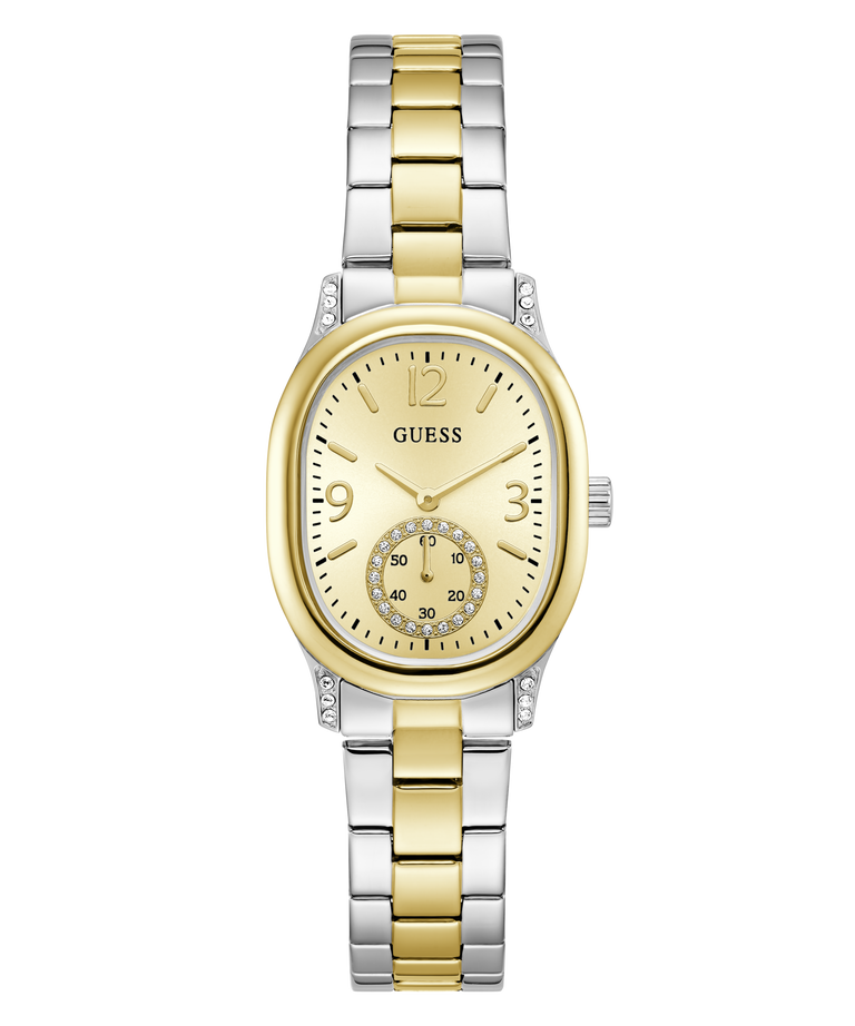 A Guess women's two-tone watch with a gold and silver stainless steel link bracelet, a gold oval case, and a gold dial featuring a sub-dial.