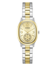 A Guess women's two-tone watch with a gold and silver stainless steel link bracelet, a gold oval case, and a gold dial featuring a sub-dial.
