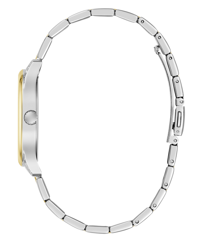Side profile view of a women's watch featuring a silver-toned metal link bracelet and a gold-toned case bezel, set against a plain white background.
