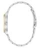 Side profile view of a women's watch featuring a silver-toned metal link bracelet and a gold-toned case bezel, set against a plain white background.