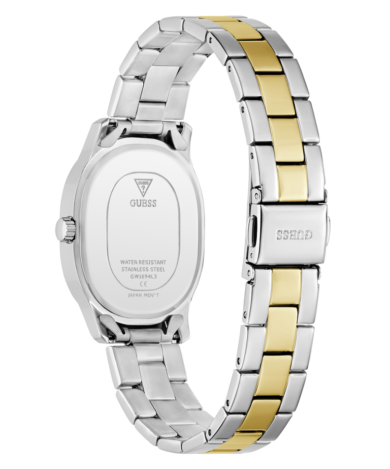 A GUESS women's stainless steel watch with a two-tone link bracelet, shown from the back. The bracelet features alternating silver and gold-tone links, and the back of the case is visible with the GUESS logo and 'SSC203' printed on the clasp.