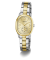 A GUESS women's two-tone watch with a gold and silver stainless steel link bracelet, a gold-tone oval case, and a champagne dial featuring a small sub-dial.