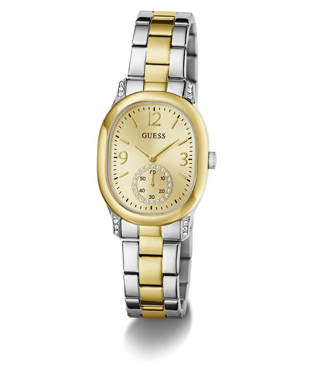 A GUESS women's two-tone watch with a gold and silver stainless steel link bracelet, a gold-tone oval case, and a champagne dial featuring a small sub-dial.