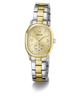 A GUESS women's two-tone watch with a gold and silver stainless steel link bracelet, a gold-tone oval case, and a champagne dial featuring a small sub-dial.