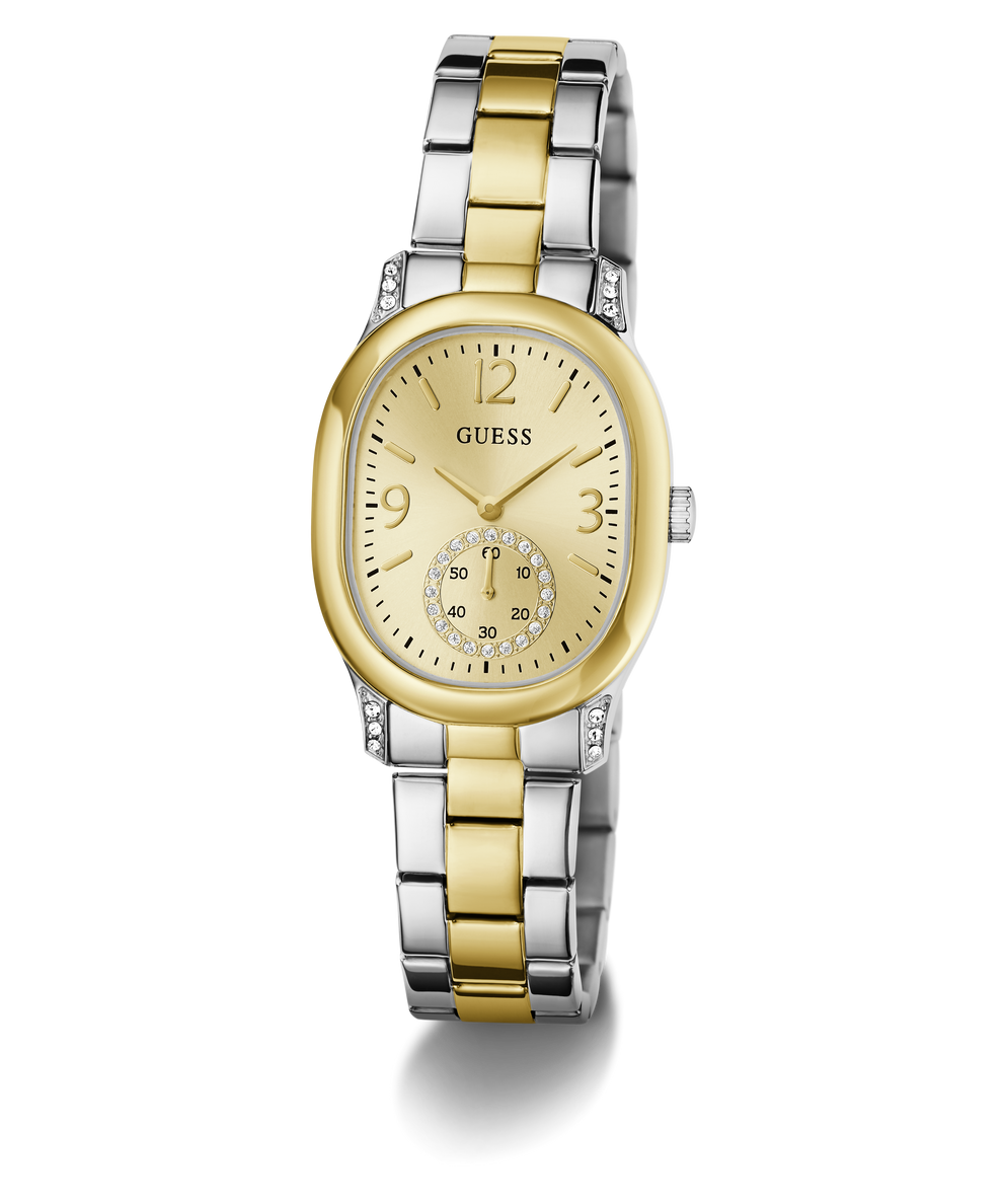 A GUESS women's two-tone watch with a gold and silver stainless steel link bracelet, a gold-tone oval case, and a champagne dial featuring a small sub-dial.