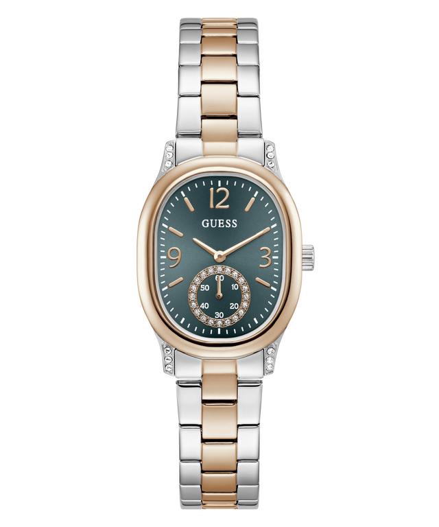 A Guess women's watch featuring a two-tone silver and rose gold stainless steel bracelet, a rose gold oval case, and a dark green dial with a sub-dial.