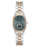 A Guess women's watch featuring a two-tone silver and rose gold stainless steel bracelet, a rose gold oval case, and a dark green dial with a sub-dial.