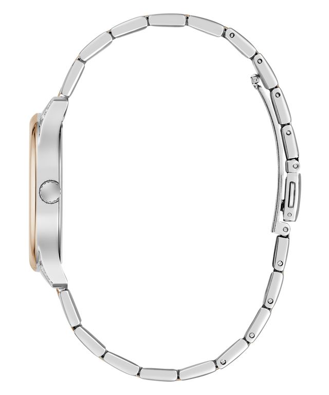 Side profile view of a silver-tone metal link bracelet watch with a two-tone case featuring a gold accent on the bezel, set against a plain white background.