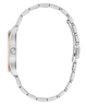 Side profile view of a silver-tone metal link bracelet watch with a two-tone case featuring a gold accent on the bezel, set against a plain white background.