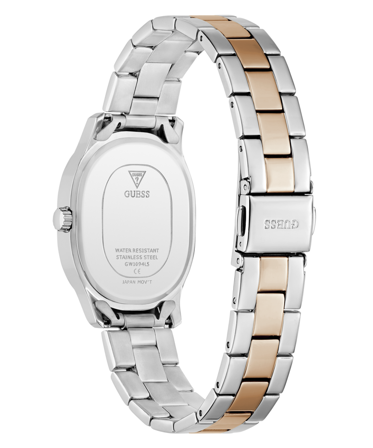 A GUESS women's stainless steel watch with a two-tone link band, shown from the back. The band features alternating silver and rose gold links, and the back of the case is visible with the GUESS logo and 'SSC203' printed on the clasp.