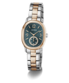 A Guess women's two-tone watch with a dark green dial, rose gold case, and a silver-and-rose gold metal bracelet, shown on a white background with a soft shadow.