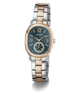 A Guess women's two-tone watch with a dark green dial, rose gold case, and a silver-and-rose gold metal bracelet, shown on a white background with a soft shadow.