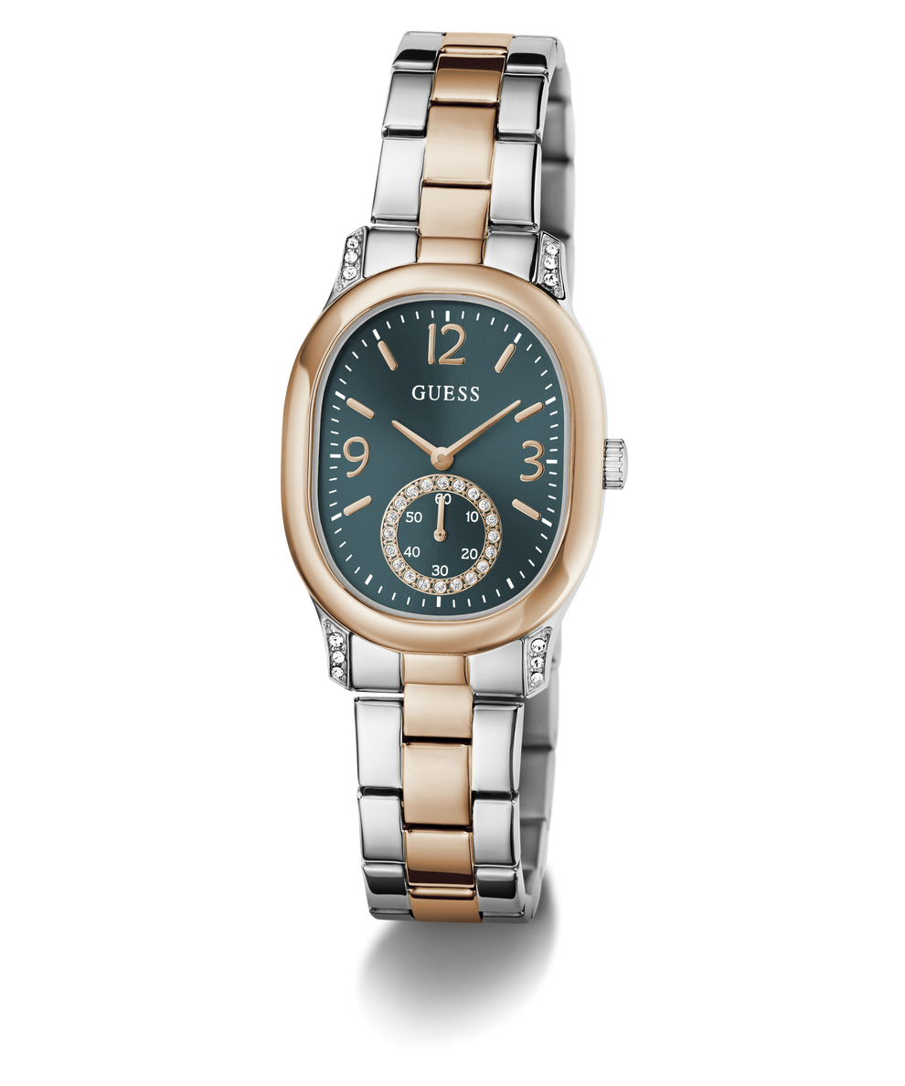 A Guess women's two-tone watch with a dark green dial, rose gold case, and a silver-and-rose gold metal bracelet, shown on a white background with a soft shadow.