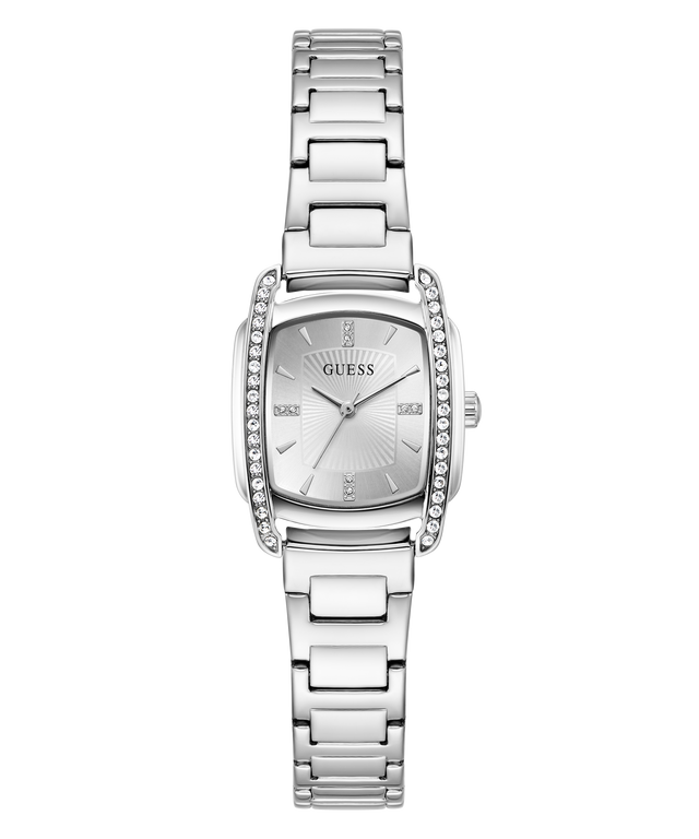 A silver stainless steel wrist watch with a rectangular bezel set with small clear crystals, a matching silver dial with GUESS branding, and a multi-link bracelet, shown against a plain white background.