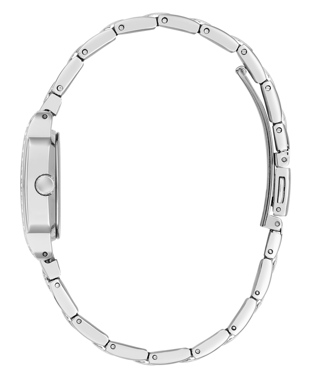 Silver stainless steel link bracelet watch shown from the side profile against a plain white background.