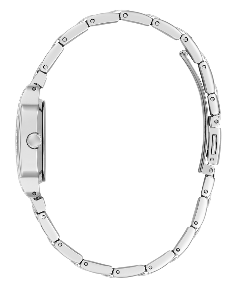 Silver stainless steel link bracelet watch shown from the side profile against a plain white background.
