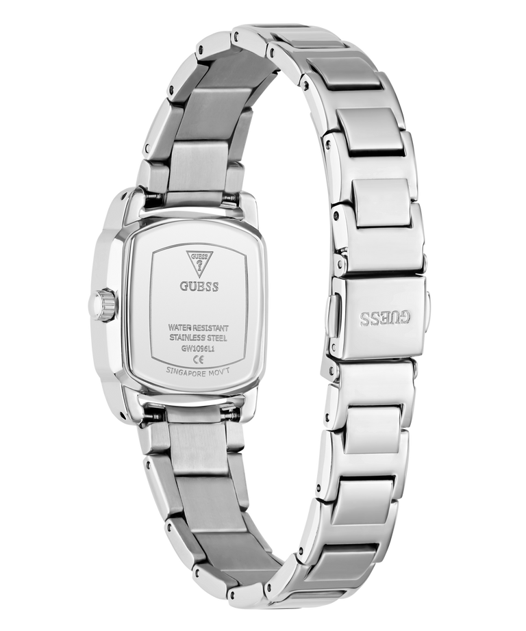 Silver stainless steel women's watch with a rectangular case and matching metal link bracelet, shown from the back on a white background. The GUESS brand name is visible on the case and bracelet.