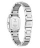 Silver stainless steel women's watch with a rectangular case and matching metal link bracelet, shown from the back on a white background. The GUESS brand name is visible on the case and bracelet.