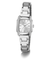 A silver stainless steel women's wristwatch with a matching link bracelet, featuring a silver dial with a sunburst pattern, crystal hour markers, and crystal accents along the bezel. The brand name 'GUESS' is visible on the dial.