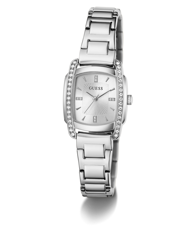 A silver stainless steel women's wristwatch with a matching link bracelet, featuring a silver dial with a sunburst pattern, crystal hour markers, and crystal accents along the bezel. The brand name 'GUESS' is visible on the dial.