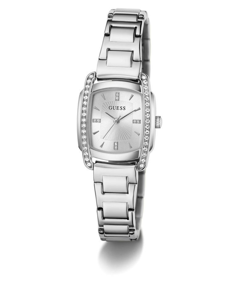 A silver stainless steel women's wristwatch with a matching link bracelet, featuring a silver dial with a sunburst pattern, crystal hour markers, and crystal accents along the bezel. The brand name 'GUESS' is visible on the dial.