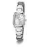 A silver stainless steel women's wristwatch with a matching link bracelet, featuring a silver dial with a sunburst pattern, crystal hour markers, and crystal accents along the bezel. The brand name 'GUESS' is visible on the dial.