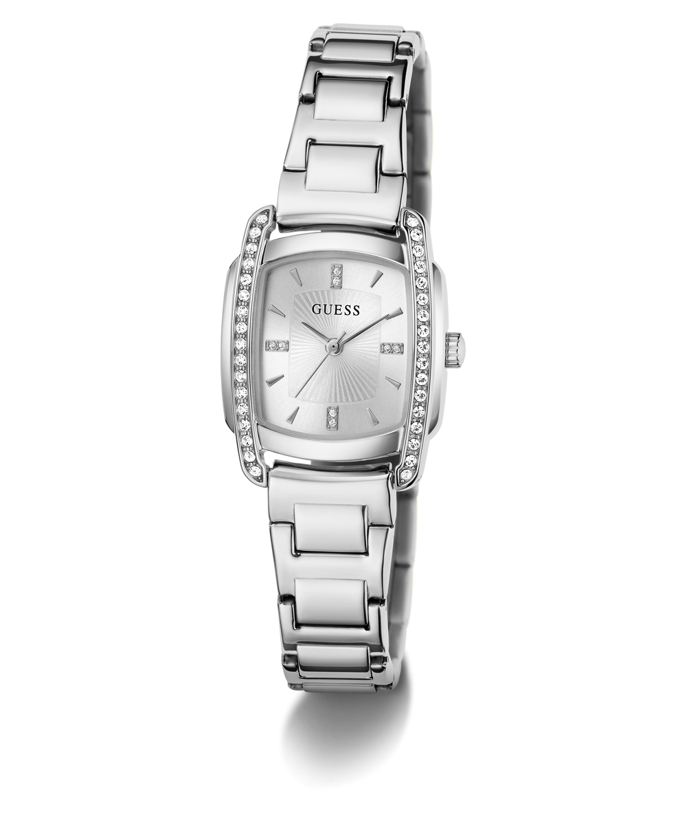 A silver stainless steel women's wristwatch with a matching link bracelet, featuring a silver dial with a sunburst pattern, crystal hour markers, and crystal accents along the bezel. The brand name 'GUESS' is visible on the dial.