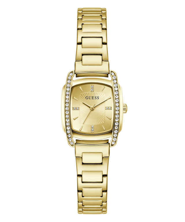 Gold-tone Guess women's watch with a rectangular bezel set with small clear crystals, a matching gold dial with day and date windows, and a linked metal bracelet on a white background.