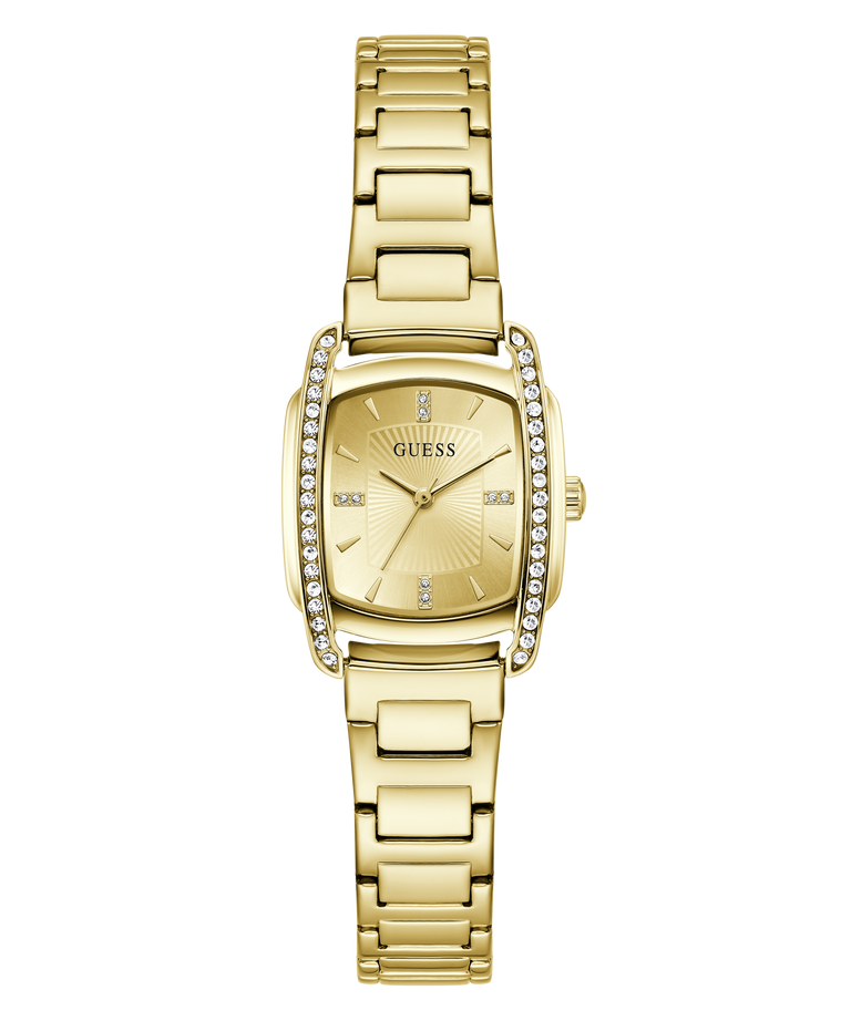Gold-tone Guess women's watch with a rectangular bezel set with small clear crystals, a matching gold dial with day and date windows, and a linked metal bracelet on a white background.