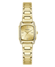 Gold-tone Guess women's watch with a rectangular bezel set with small clear crystals, a matching gold dial with day and date windows, and a linked metal bracelet on a white background.