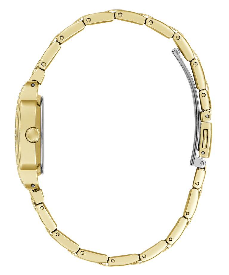 A gold-tone metal link bracelet watch shown from the side on a plain white background, with a silver-toned clasp visible on the right.