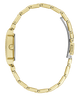 A gold-tone metal link bracelet watch shown from the side on a plain white background, with a silver-toned clasp visible on the right.