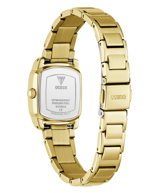 Gold-tone stainless steel women's watch with a rectangular case shown from the back, featuring a gold metal link bracelet and a white backplate with GUESS branding.