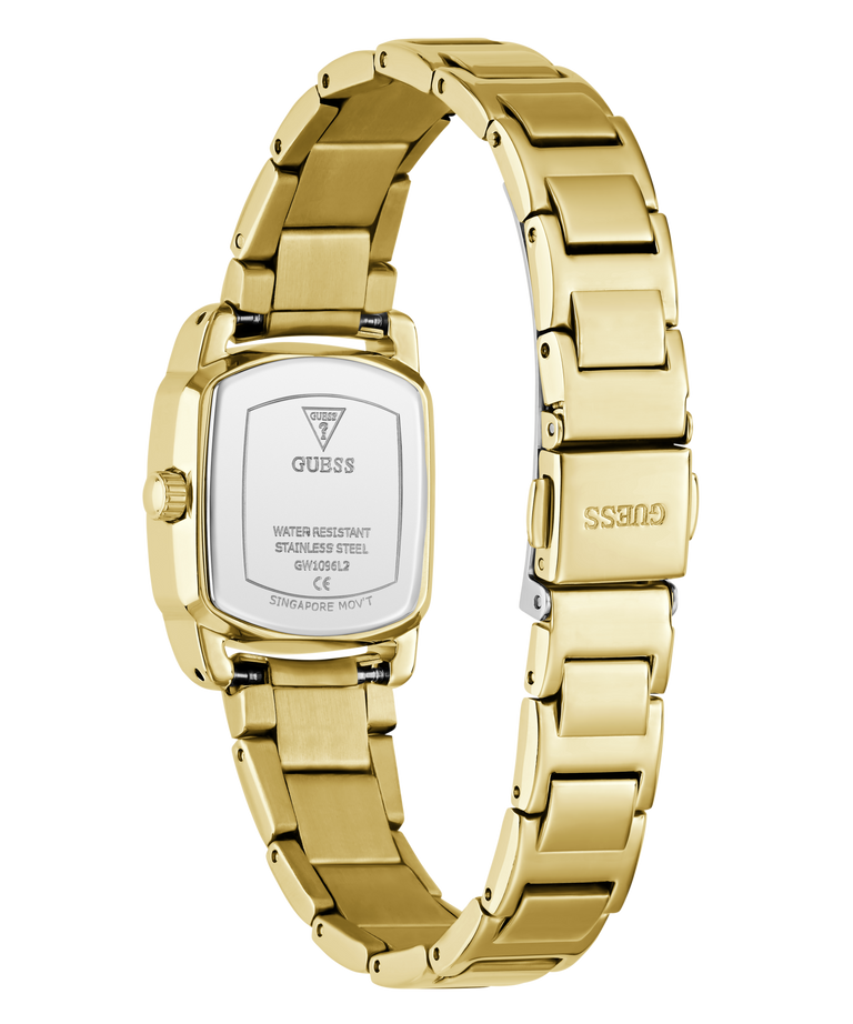 Gold-tone stainless steel women's watch with a rectangular case shown from the back, featuring a gold metal link bracelet and a white backplate with GUESS branding.