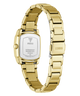 Gold-tone stainless steel women's watch with a rectangular case shown from the back, featuring a gold metal link bracelet and a white backplate with GUESS branding.