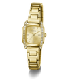 Gold-tone Guess women's watch with a rectangular bezel, diamond-set crystal, and a matching gold-tone link bracelet on a white background.