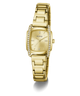 Gold-tone Guess women's watch with a rectangular bezel, diamond-set crystal, and a matching gold-tone link bracelet on a white background.