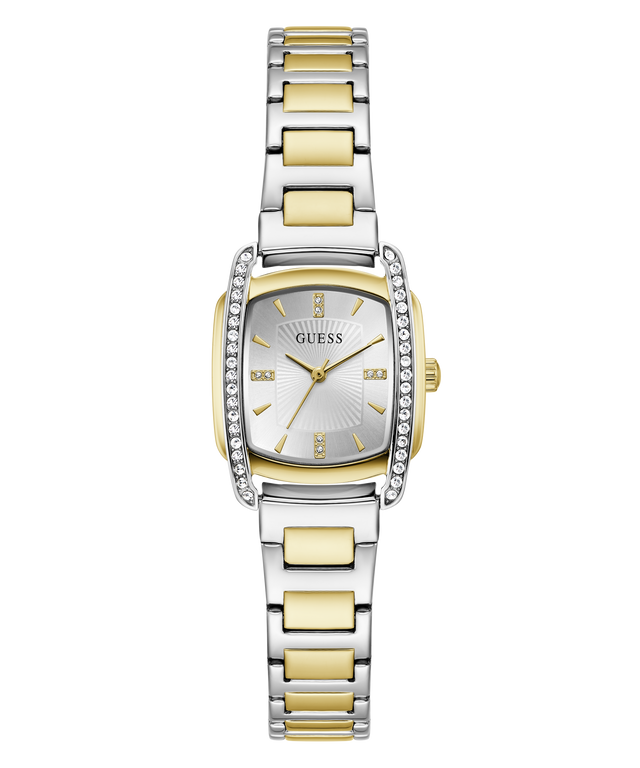 A GUESS women's two-tone watch with a silver and gold-tone metal link bracelet, a silver dial with gold-tone hands, and a bezel accented with small clear crystals, shown on a plain white background.