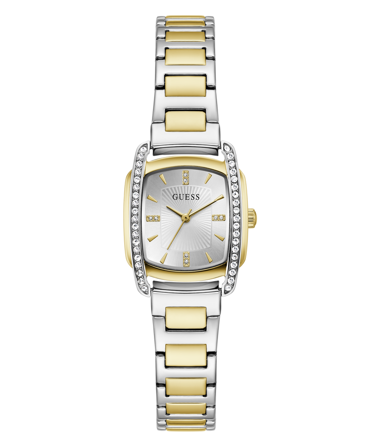 A GUESS women's two-tone watch with a silver and gold-tone metal link bracelet, a silver dial with gold-tone hands, and a bezel accented with small clear crystals, shown on a plain white background.