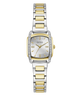 A GUESS women's two-tone watch with a silver and gold-tone metal link bracelet, a silver dial with gold-tone hands, and a bezel accented with small clear crystals, shown on a plain white background.