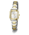 A Guess women's two-tone watch with a silver and gold-tone metal link bracelet, a silver dial with gold-tone hands and markers, and a bezel accented with small clear crystals, shown on a white background.