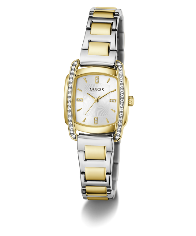 A Guess women's two-tone watch with a silver and gold-tone metal link bracelet, a silver dial with gold-tone hands and markers, and a bezel accented with small clear crystals, shown on a white background.