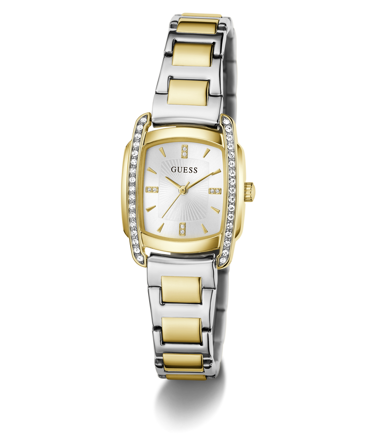 A Guess women's two-tone watch with a silver and gold-tone metal link bracelet, a silver dial with gold-tone hands and markers, and a bezel accented with small clear crystals, shown on a white background.