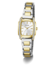 A Guess women's two-tone watch with a silver and gold-tone metal link bracelet, a silver dial with gold-tone hands and markers, and a bezel accented with small clear crystals, shown on a white background.