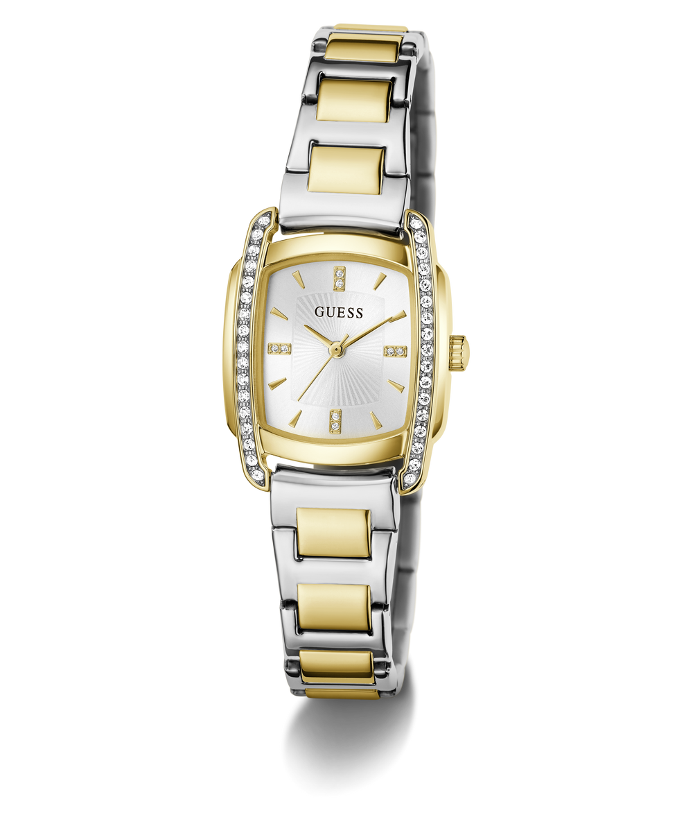 A Guess women's two-tone watch with a silver and gold-tone metal link bracelet, a silver dial with gold-tone hands and markers, and a bezel accented with small clear crystals, shown on a white background.