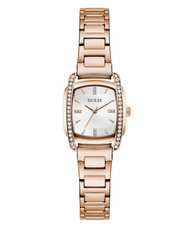 A GUESS women's watch featuring a rose gold-tone metal bracelet, a bezel set with clear crystals, and a white dial with gold-tone hands and hour markers.