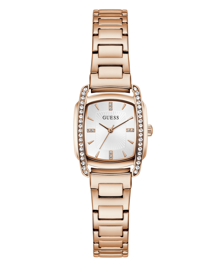 A GUESS women's watch featuring a rose gold-tone metal bracelet, a bezel set with clear crystals, and a white dial with gold-tone hands and hour markers.
