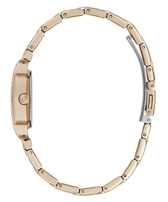 A close-up side view of a gold-tone watch bracelet with a two-tone design featuring silver-colored accents on the clasp and side details, set against a plain white background.