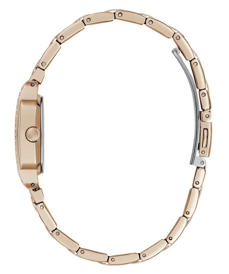 A close-up side view of a gold-tone watch bracelet with a two-tone design featuring silver-colored accents on the clasp and side details, set against a plain white background.